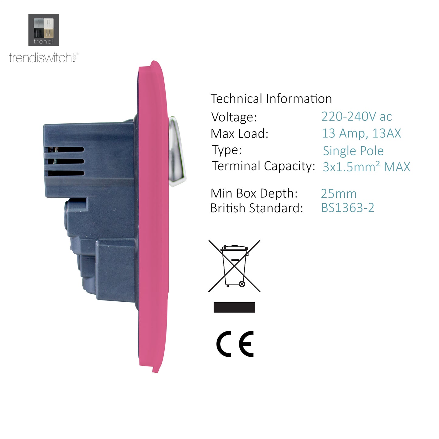 Trendi 2 Gang Artistic Modern Glossy 13 Amp 4x2.1mA USB Switched Tactile Plug Socket Pink