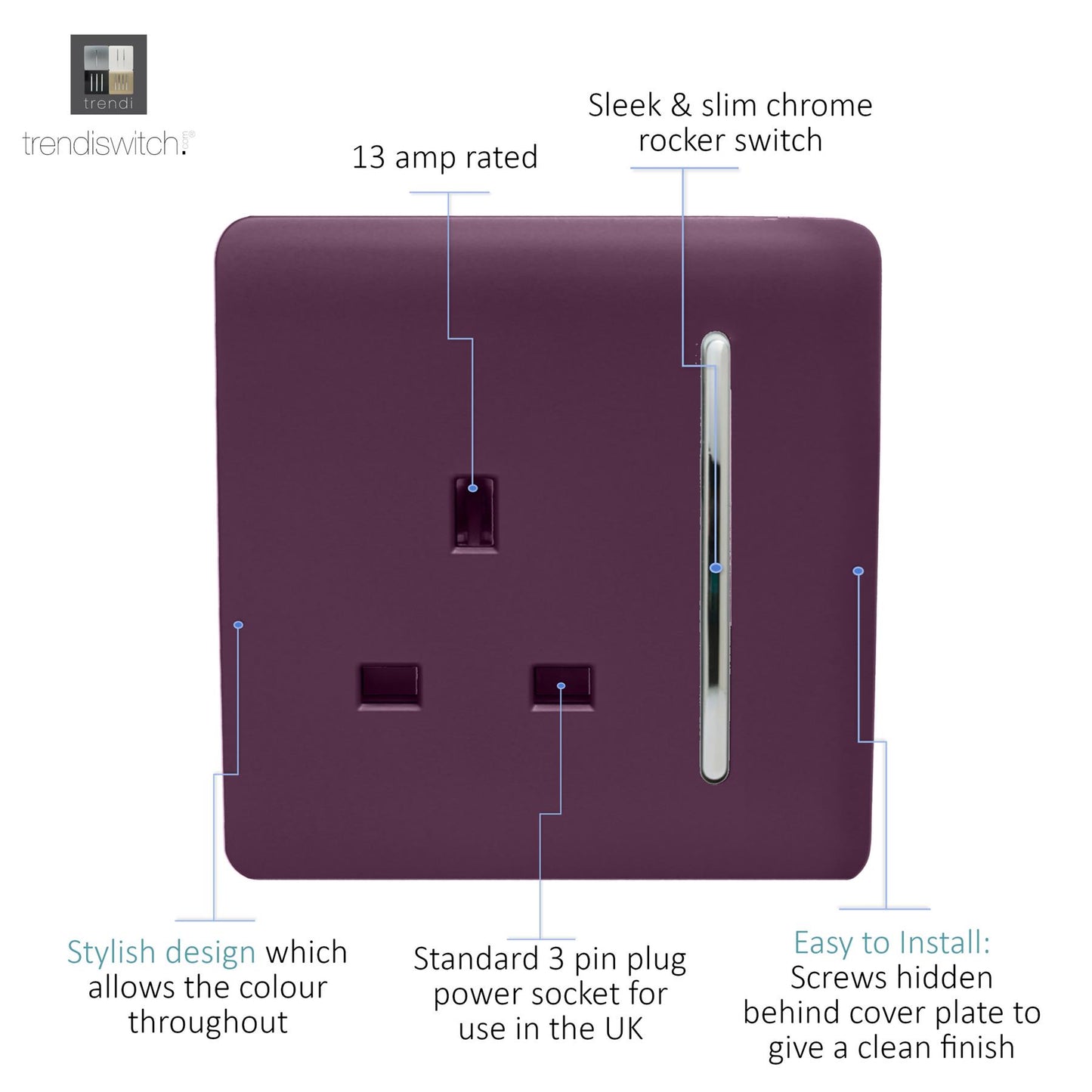 Trendi 1 Gang Artistic Modern Glossy 13 Amp Switched Tactile Plug Socket Plum