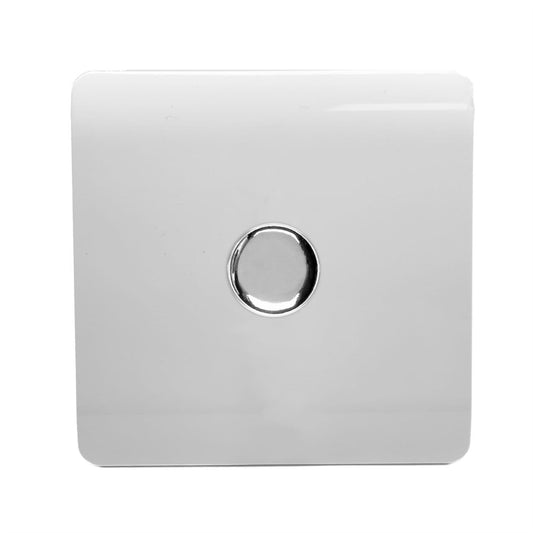 Trendi 1 Gang 2 Way 240V 100w LED Dimmer Screwless Raised Front Plate Plastic Artistic Modern Glossy 10 Amp Chrome Single Electrical Wall Light Switch in Ice White - ART-LDMWH