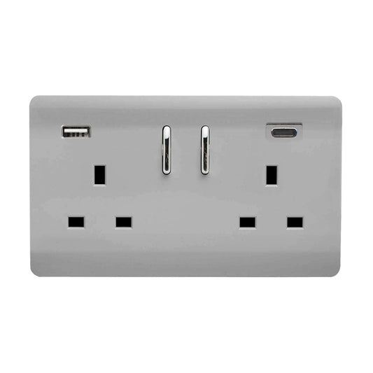 Trendi 2 Gang Artistic Modern Glossy 13 Amp 2 x Type A & C 3.1A USB Switched Plug Socket Brushed Steel