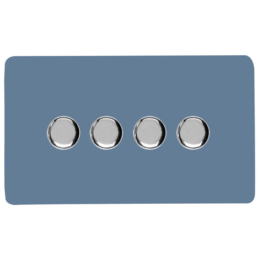 Trendi 4 Gang 2 Way 240V 100w LED Dimmer Screwless Raised Front Plate Plastic Artistic Modern Glossy 10 Amp Chrome Single Electrical Wall Light Switch in Sky Blue - ART-4LDMSK