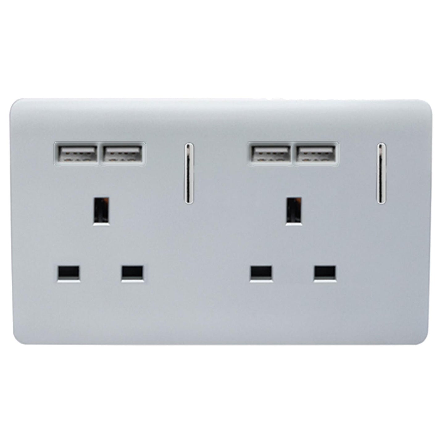 Trendi 2 Gang Artistic Modern Glossy Screwless Raised 13 Amp 240v Short 4 USB Type A Charging Points Double Chrome Switched Electrical Wall Plug Socket in Platinum Silver