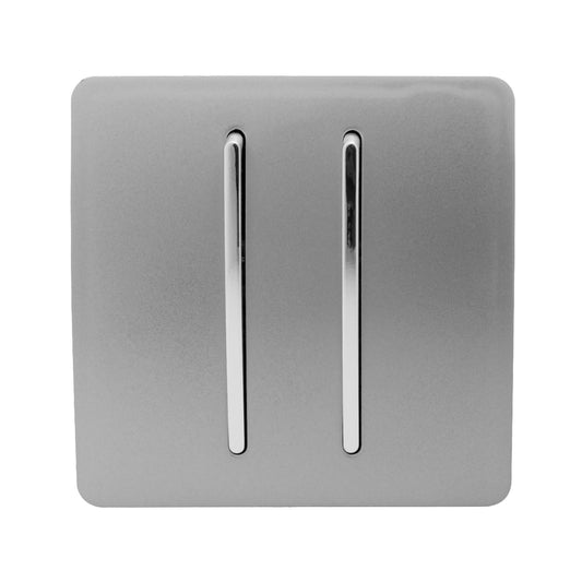Trendi 2 Gang 3 way (Intermediate) 240V Screwless Raised Front Plate Plastic Artistic Modern Glossy 10 Amp Chrome Rocker Double Electrical Wall Light Switch in Light Grey