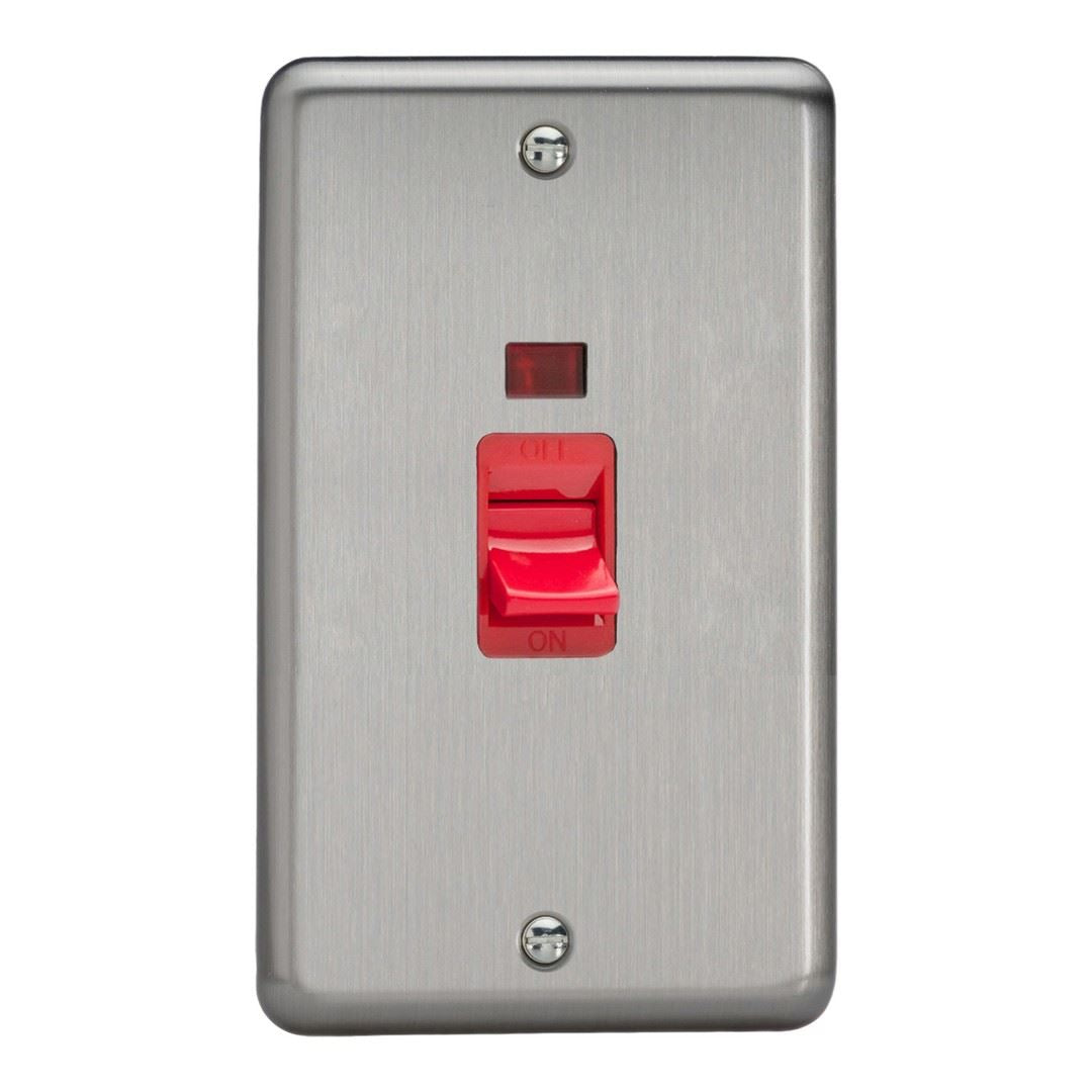 Varilight Classic Red 45A Cooker Switch + Neon (Vertical Twin Plate, Red Rocker) - Matt Chrome XS45N