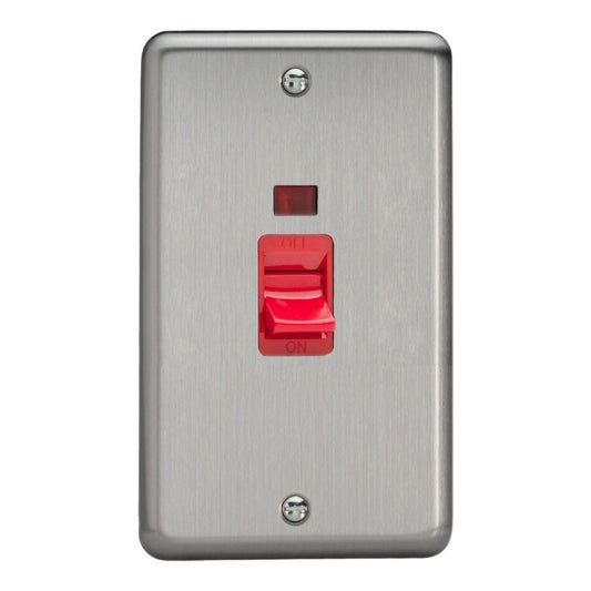 Varilight Classic Red 45A Cooker Switch + Neon (Vertical Twin Plate, Red Rocker) - Matt Chrome XS45N