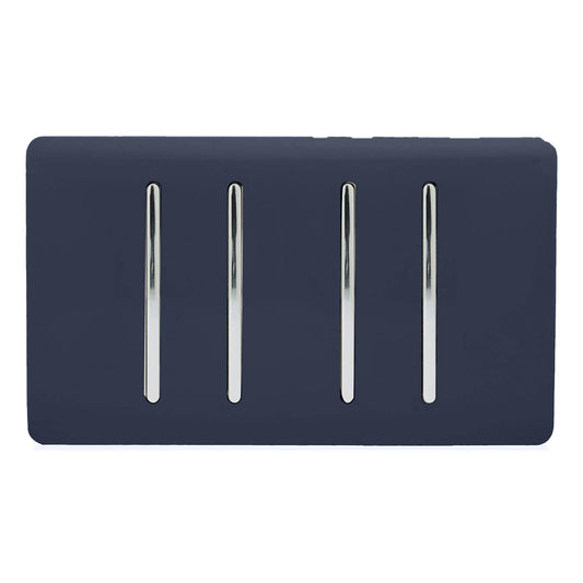 Trendi 4 Gang 2 way 240V Screwless Raised Front Twin Plate Plastic Artistic Modern Glossy 10 Amp Chrome Rocker Quad Electrical Wall Light Switch in Navy Blue - ART-SS44NV