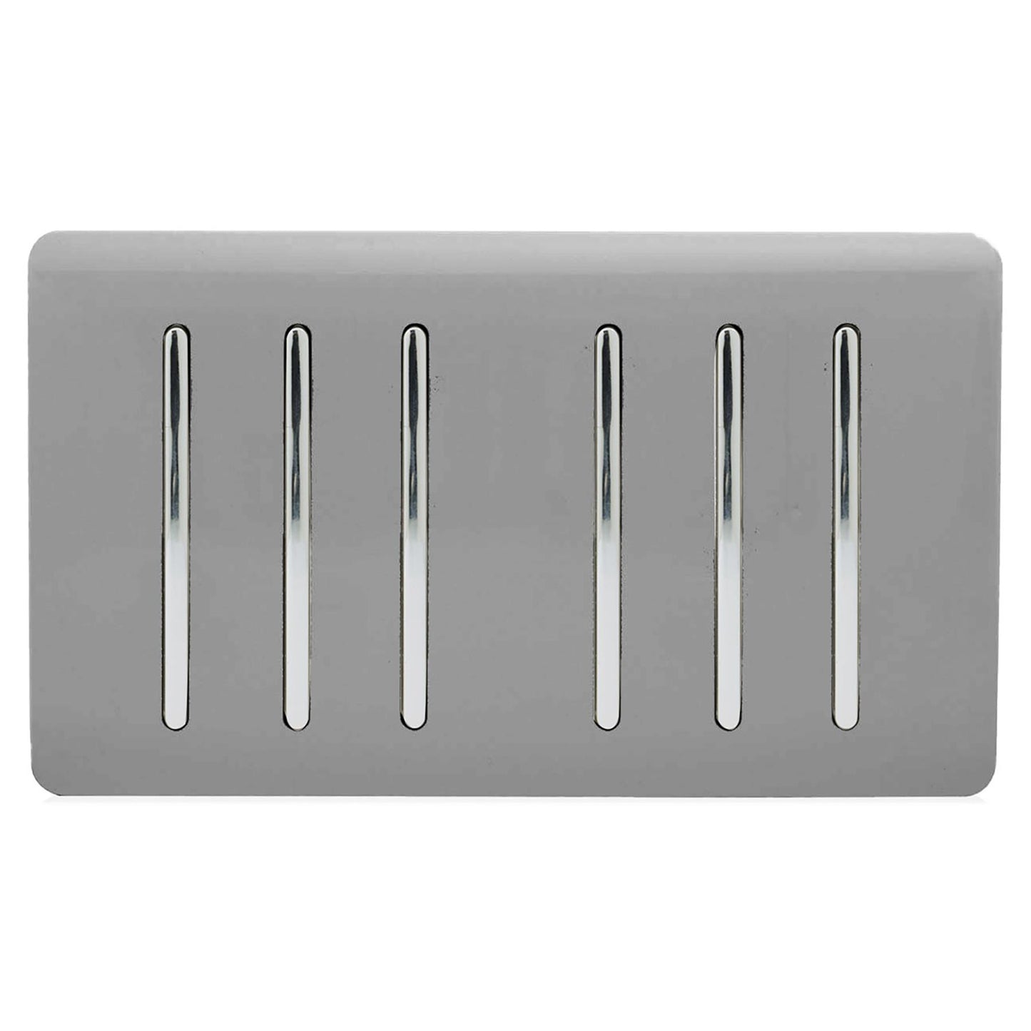 Trendi 6 Gang 2 way 240V Screwless Raised Front Twin Plate Plastic Artistic Modern Glossy 10 Amp Chrome Rocker Quad Electrical Wall Light Switch in Light Grey - ART-SS66LG