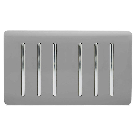 Trendi 6 Gang 2 way 240V Screwless Raised Front Twin Plate Plastic Artistic Modern Glossy 10 Amp Chrome Rocker Quad Electrical Wall Light Switch in Light Grey - ART-SS66LG
