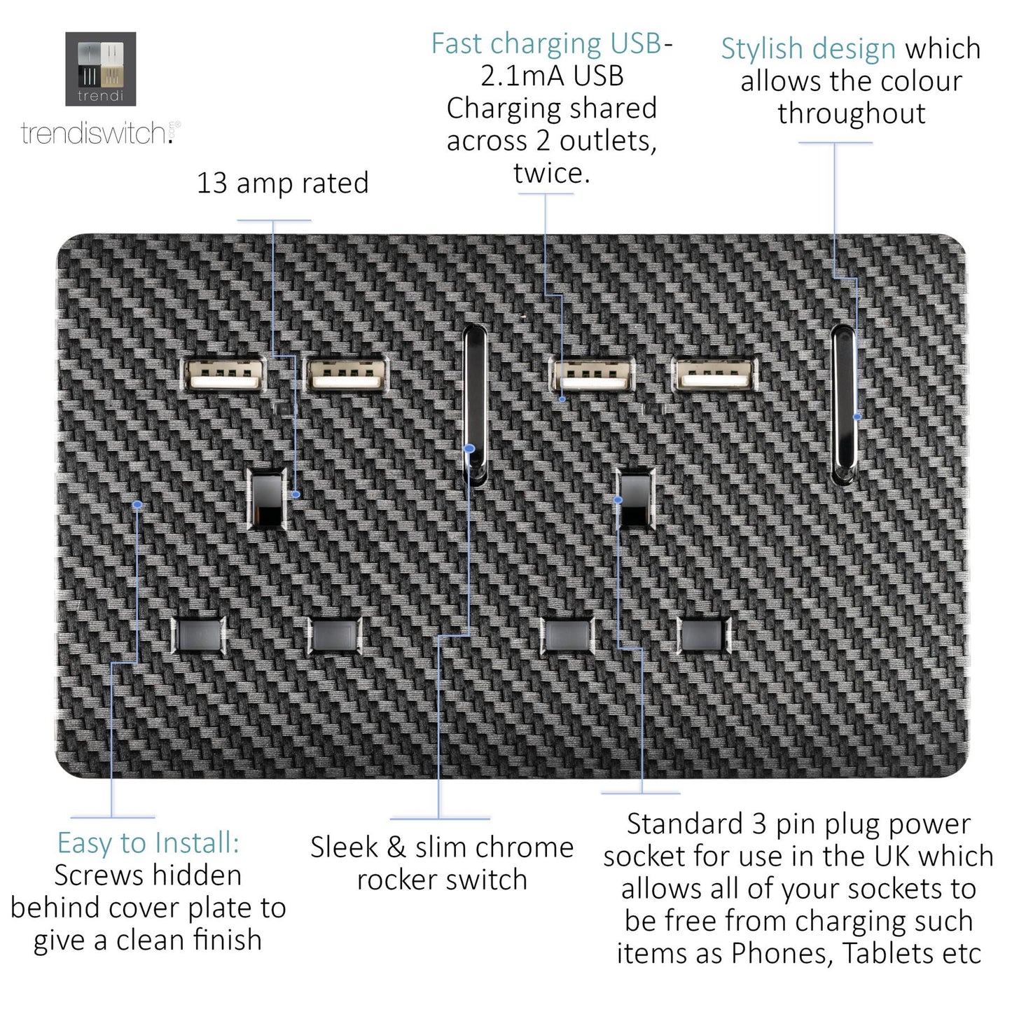 Trendi 2 Gang Artistic Modern Glossy Screwless Raised 13 Amp 240v Short 4 USB Type A Charging Points Double Chrome Switched Electrical Wall Plug Socket in Carbon Fibre
