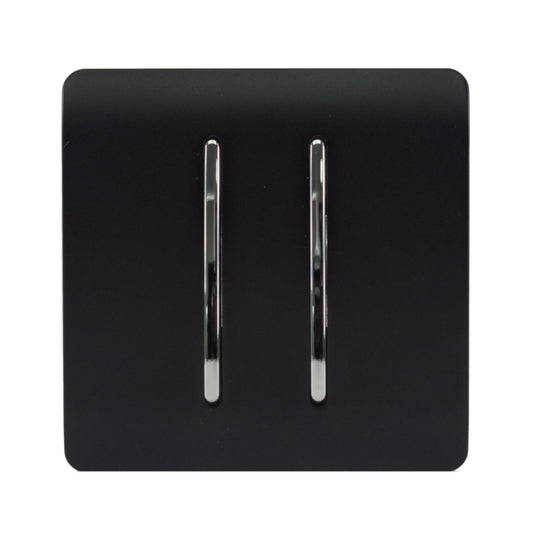 Trendi 2 Gang 3 way (Intermediate) 240V Screwless Raised Front Plate Plastic Artistic Modern Glossy 10 Amp Chrome Rocker Double Electrical Wall Light Switch in Matt Black