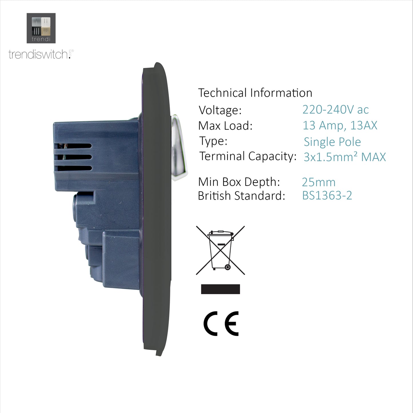 Trendi 2 Gang Artistic Modern Glossy 13 Amp 4x2.1mA USB Switched Tactile Plug Socket Charcoal