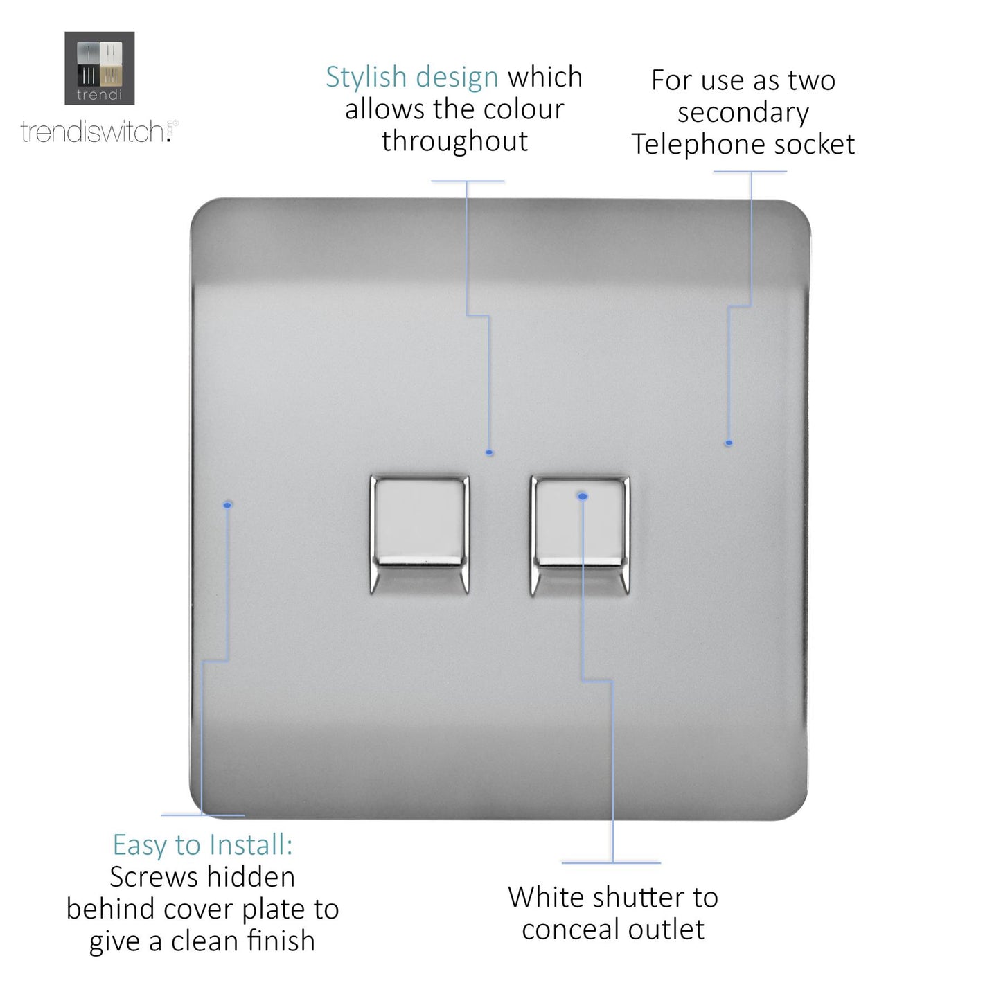 Trendi Artistic Modern Glossy Tactile 2 Gang Telephone Socket Stainless Steel