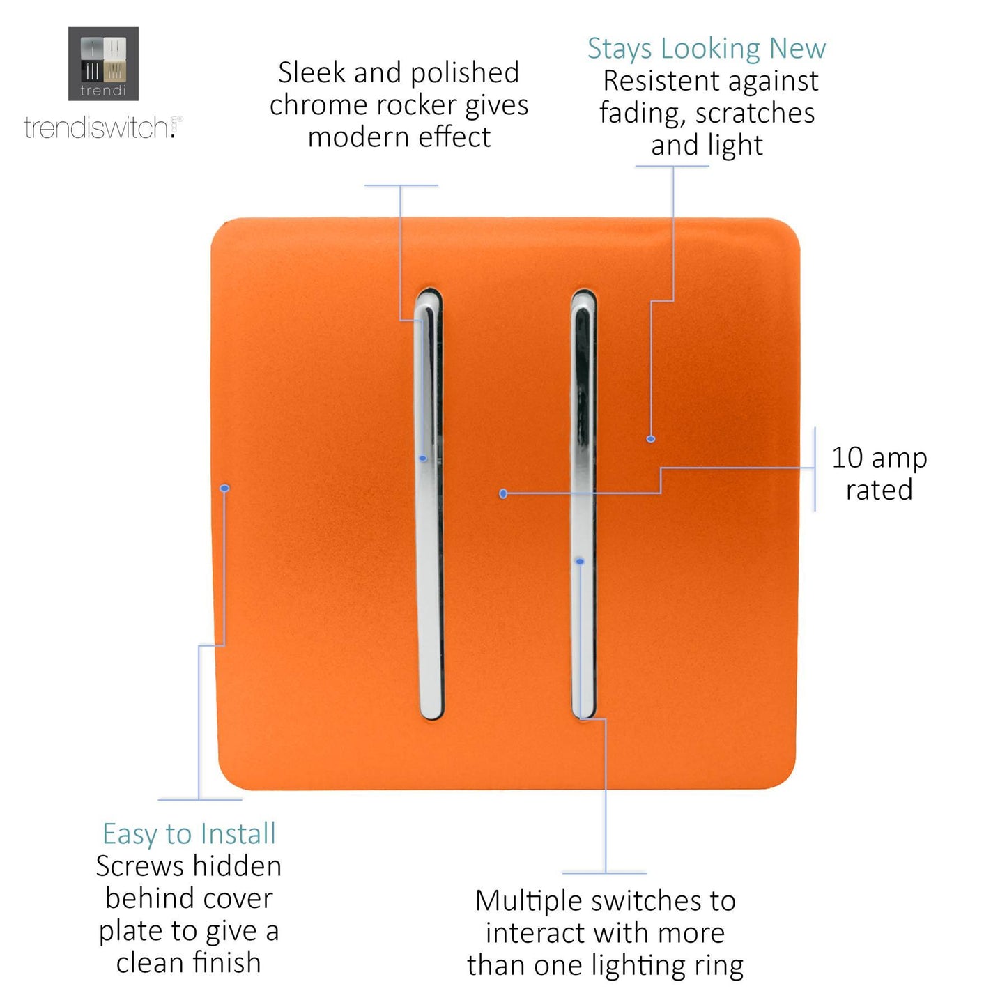 Trendi 2 Gang 2 Way 240V Screwless Raised Front Plate Plastic Artistic Modern Glossy 10 Amp Chrome Rocker Single Electrical Wall Light Switch Sunset Orange - ART-SS4OR