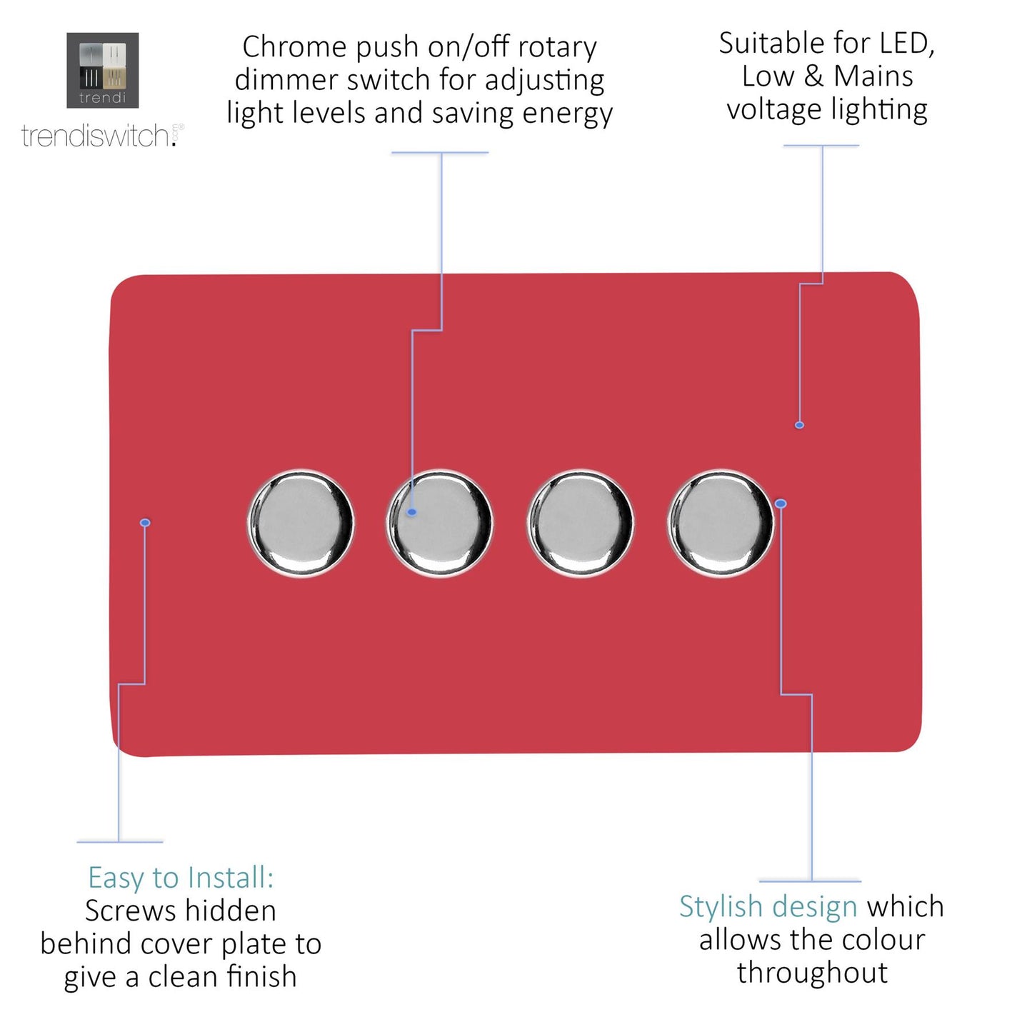 Trendi 4 Gang 2 Way 240V 100w LED Dimmer Screwless Raised Front Plate Plastic Artistic Modern Glossy 10 Amp Chrome Single Electrical Wall Light Switch in Strawberry Red - ART-4LDMSB