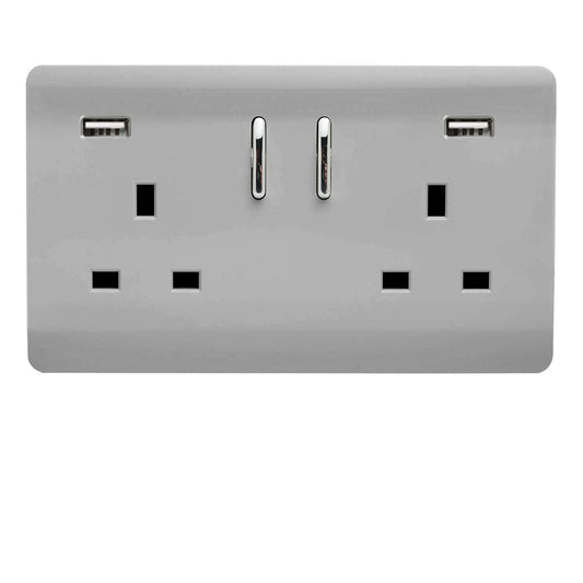 Trendi 2 Gang Artistic Modern Glossy 13 Amp 2 x 3.1mA USB Switched Plug Socket Steel