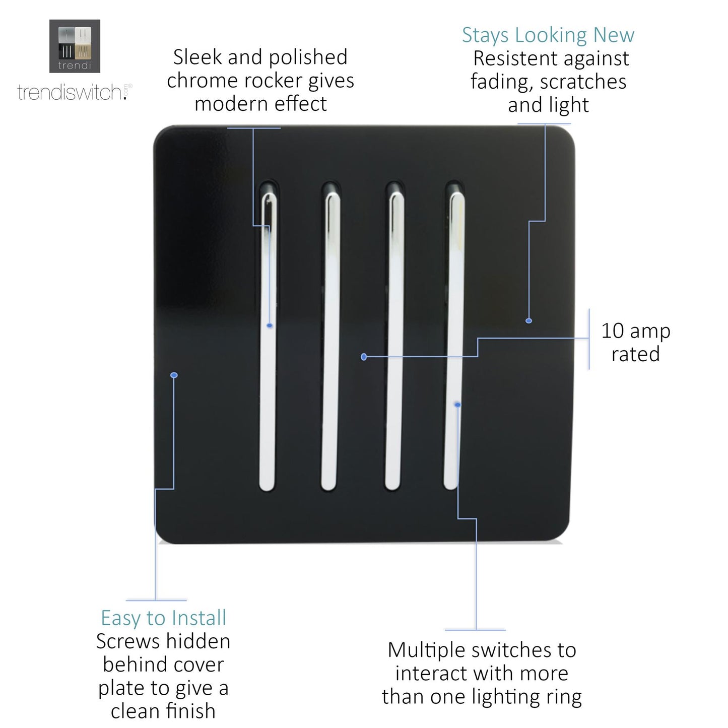Trendi 4 Gang 2 way 240V Screwless Raised Front Plate Plastic Artistic Modern Glossy 10 Amp Chrome Rocker Quad Electrical Wall Light Switch in Piano Black