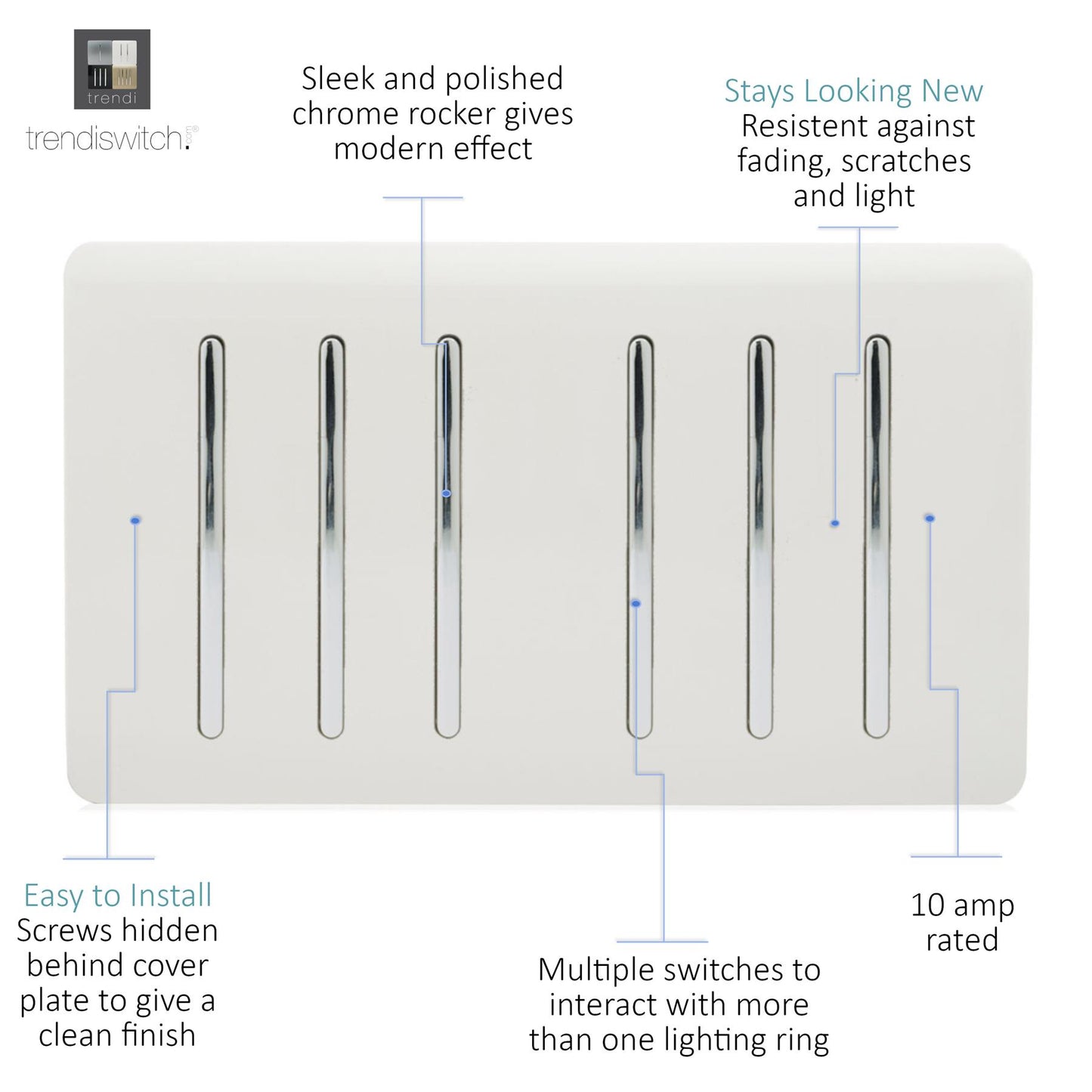 Trendi 6 Gang 2 way 240V Screwless Raised Front Twin Plate Plastic Artistic Modern Glossy 10 Amp Chrome Rocker Quad Electrical Wall Light Switch in Ice White - ART-SS66WH