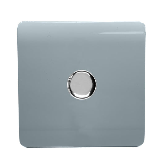 Trendi 1 Gang 2 Way 240V 150w LED Dimmer Screwless Raised Front Plate Plastic Artistic Modern Glossy 10 Amp Chrome Single Electrical Wall Light Switch in Cool Grey - ART-LDMCG