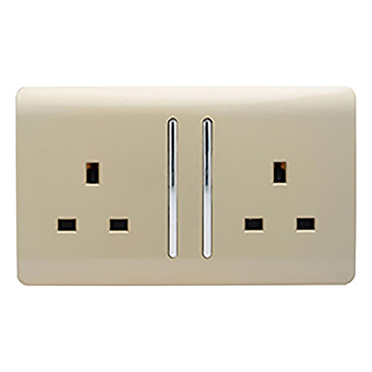 Trendi 2 Gang Raised Artistic Modern Glossy Screwless 13 Amp Single Pole with Chrome Switched UK Standard Electrical Double Wall Plug Socket in Champagne Gold - ART-SKT213LGO