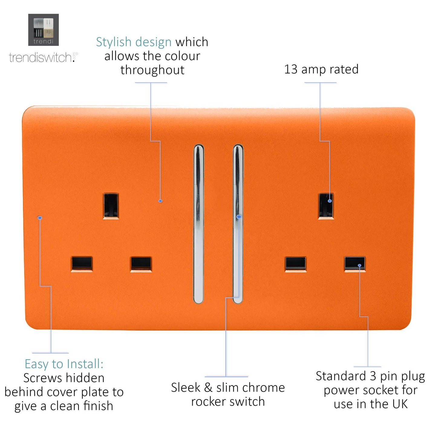 Trendi 2 Gang Raised Artistic Modern Glossy Screwless 13 Amp Single Pole with Chrome Switched UK Standard Electrical Double Wall Plug Socket in Sunset Orange - ART-SKT213LOR
