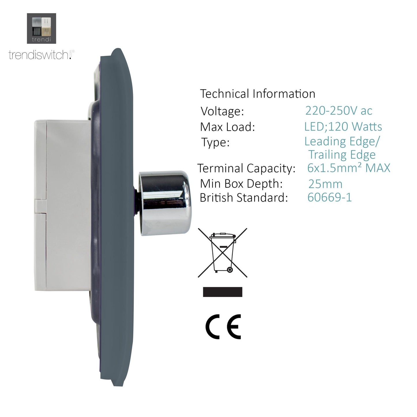 Trendi 4 Gang 2 Way 240V 100w LED Dimmer Screwless Raised Front Plate Plastic Artistic Modern Glossy 10 Amp Chrome Single Electrical Wall Light Switch in Warm Grey - ART-4LDMWG