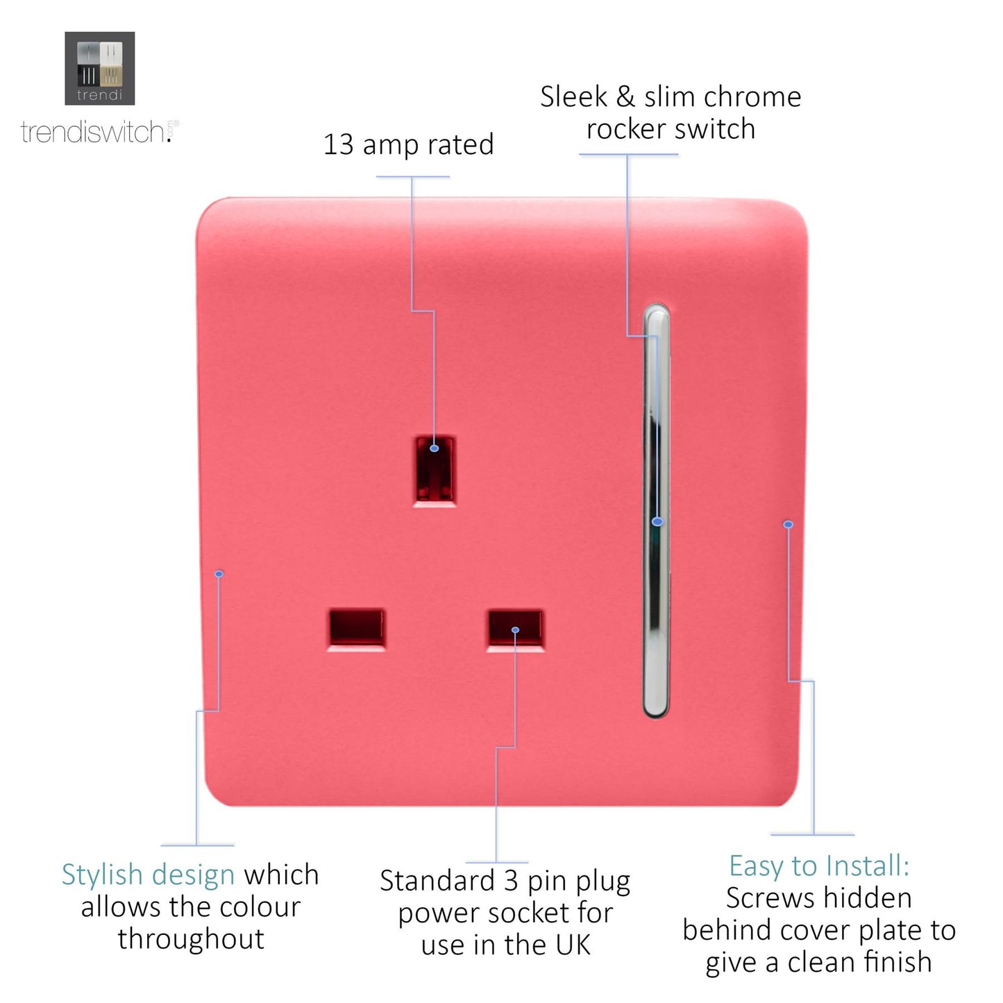Trendi 1 Gang Artistic Modern Glossy 13 Amp Switched Tactile Plug Socket Strawberry