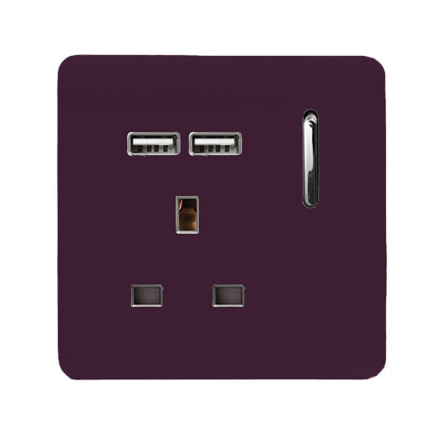 Trendi 1 Gang Single Switched Screwless Artistic Modern Glossy 13 Amp 2x Type A 2.1A USB Charging Port 13A Wall Outlet Plug Socket in Plum Purple - ART-SKT13USBPL