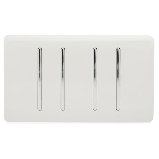 Trendi 4 Gang 2 way 240V Screwless Raised Front Twin Plate Plastic Artistic Modern Glossy 10 Amp Chrome Rocker Quad Electrical Wall Light Switch in Ice White - ART-SS44WH
