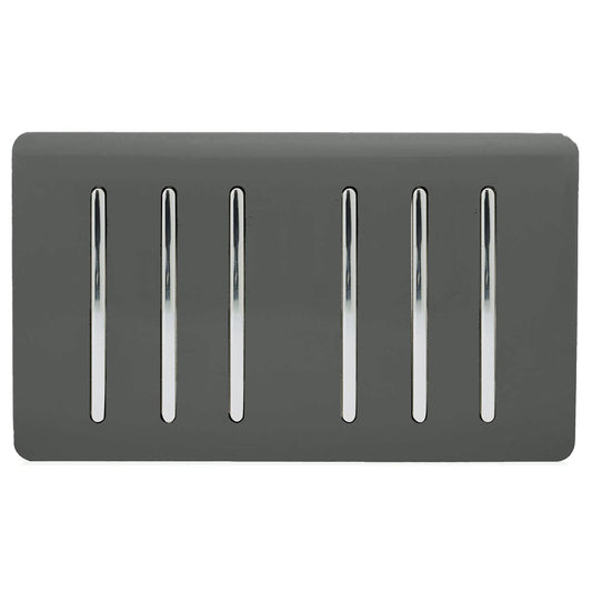 Trendi 6 Gang 2 way 240V Screwless Raised Front Twin Plate Plastic Artistic Modern Glossy 10 Amp Chrome Rocker Quad Electrical Wall Light Switch in Charcoal Grey - ART-SS66CH