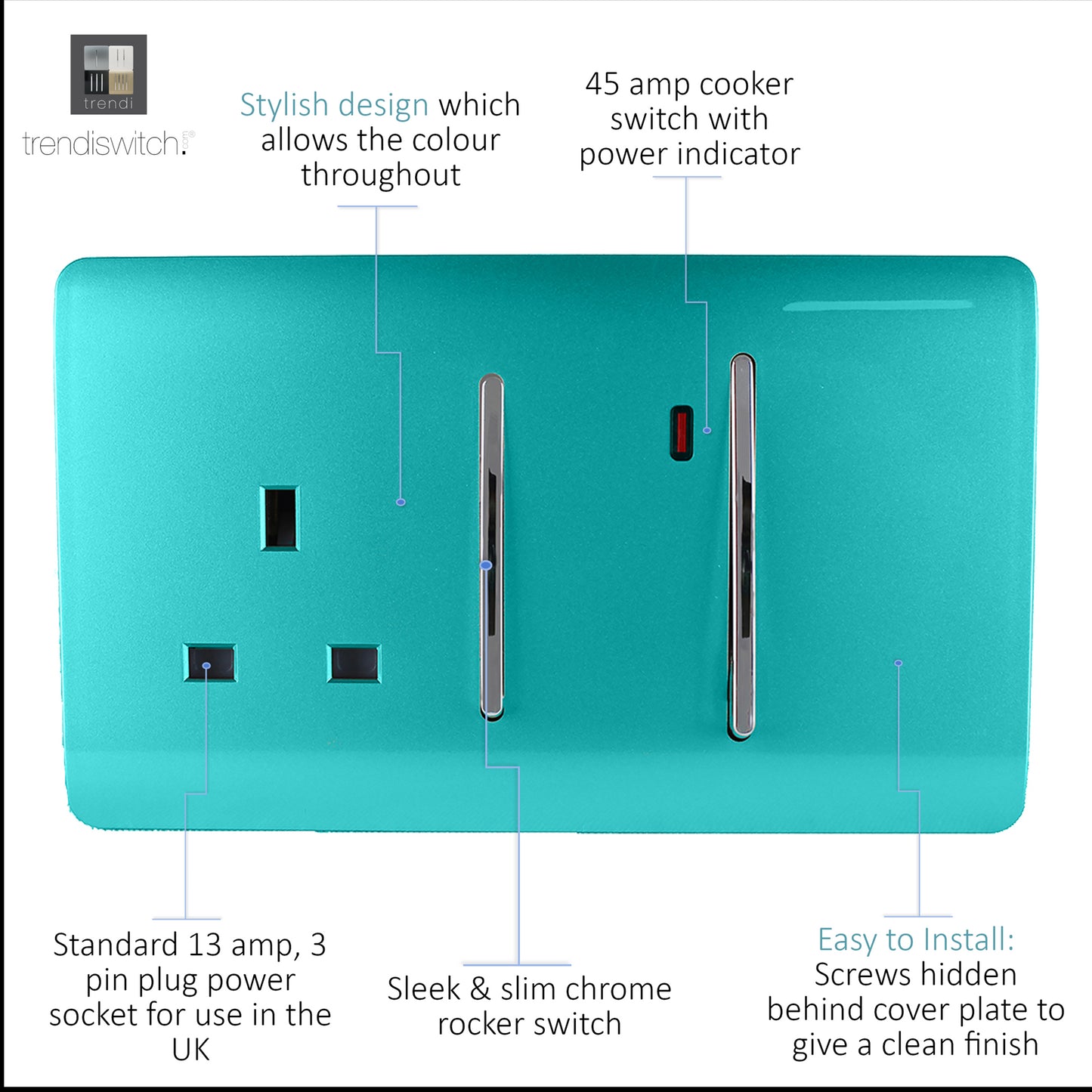 Trendi Artistic Modern Glossy 45 A Cooker Switch & Plug Socket Inc Neon Insert Bright Teal