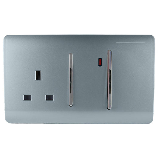 Trendi Switch Screwless Artistic Modern Decorative Glossy 45 A Cooker Switch Control Unit & Single Plug Socket Inc Neon Indicator for Indoor Use in Cool Grey