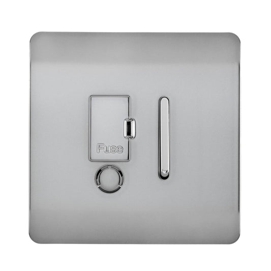 Trendi Switch Screwless Artistic Modern Glossy Tactile 230V Switched 13 A Single Fused Spur Connection Unit with Flex Outlet Chrome Rocker in Brushed Steel