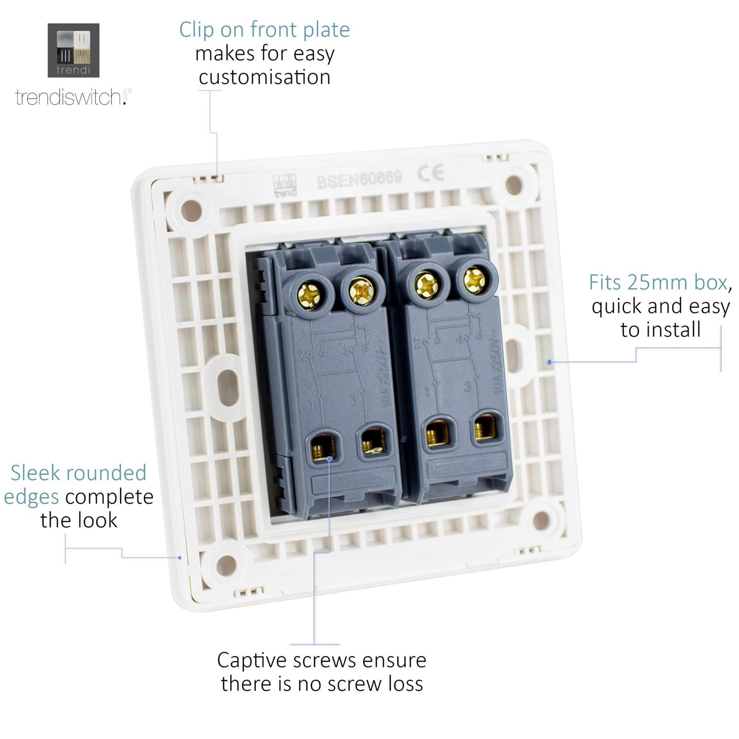 Trendi 2 Gang 3 way (Intermediate) 240V Screwless Raised Front Plate Plastic Artistic Modern Glossy 10 Amp Chrome Rocker Double Electrical Wall Light Switch in Ocean Blue