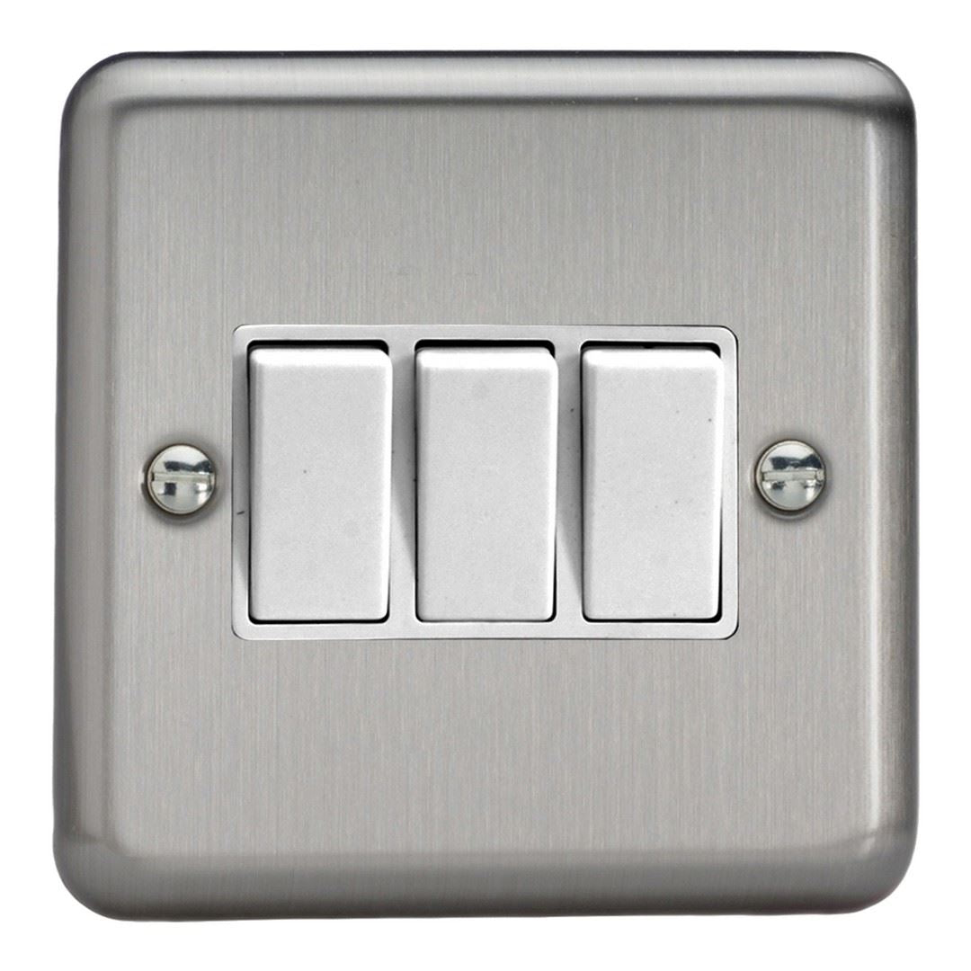 Varilight 3 Gang 1 or 2 Way 10A Rocker Light Switch Brushed Matt Chrome White Insert XS3W