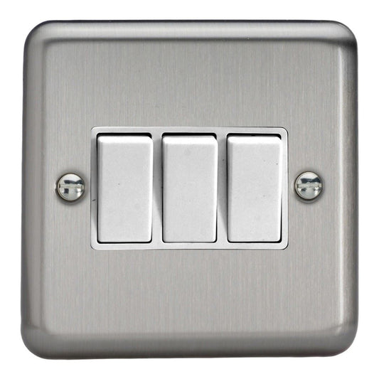 Varilight 3 Gang 1 or 2 Way 10A Rocker Light Switch Brushed Matt Chrome White Insert XS3W