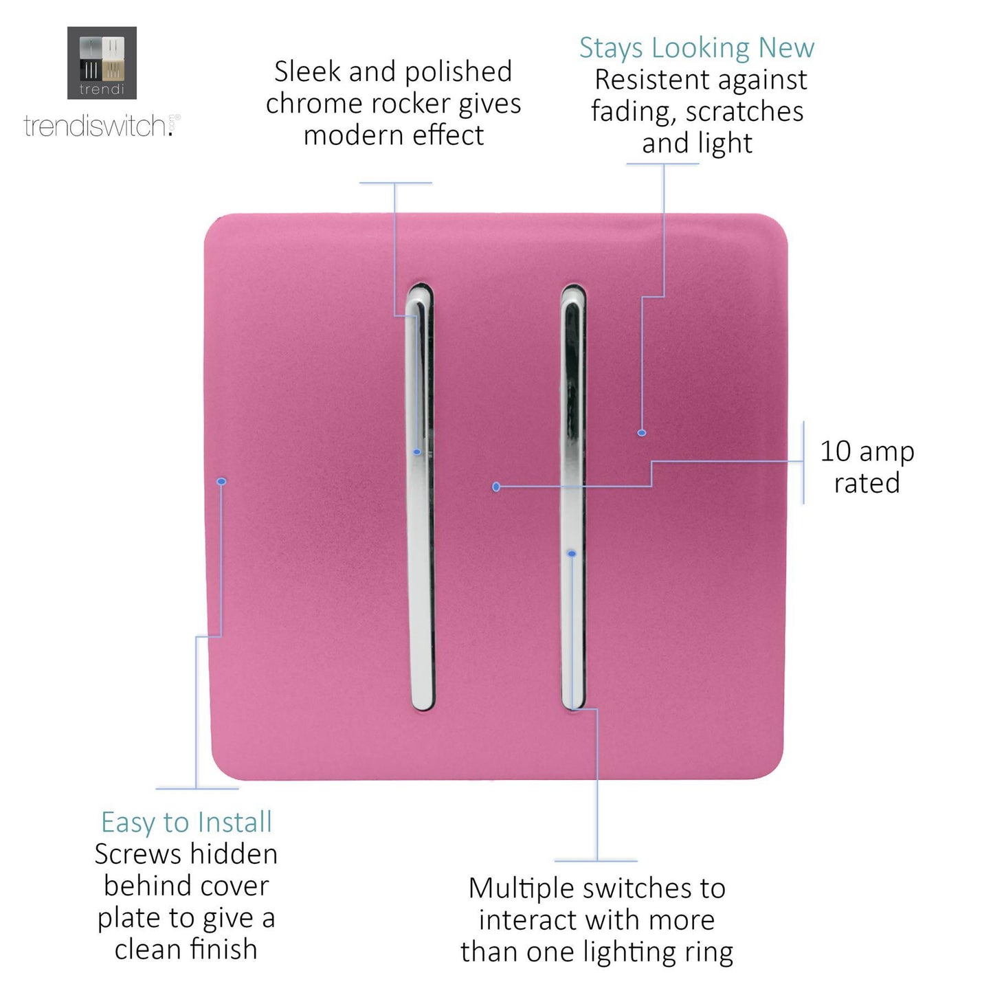 Trendi 2 Gang 2 Way 240V Screwless Raised Front Plate Plastic Artistic Modern Glossy 10 Amp Chrome Rocker Single Electrical Wall Light Switch Candy Pink - ART-SS4PK
