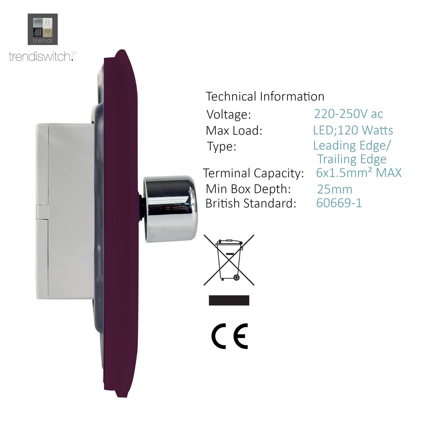 Trendi 4 Gang 2 Way 240V 100w LED Dimmer Screwless Raised Front Plate Plastic Artistic Modern Glossy 10 Amp Chrome Single Electrical Wall Light Switch in Plum Purple - ART-4LDMPL