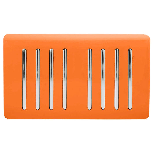 Trendi 8 Gang 2 way 240V Screwless Raised Front Twin Plate Plastic Artistic Modern Glossy 10 Amp Chrome Rocker Quad Electrical Wall Light Switch in Sunset Orange- ART-SS88OR