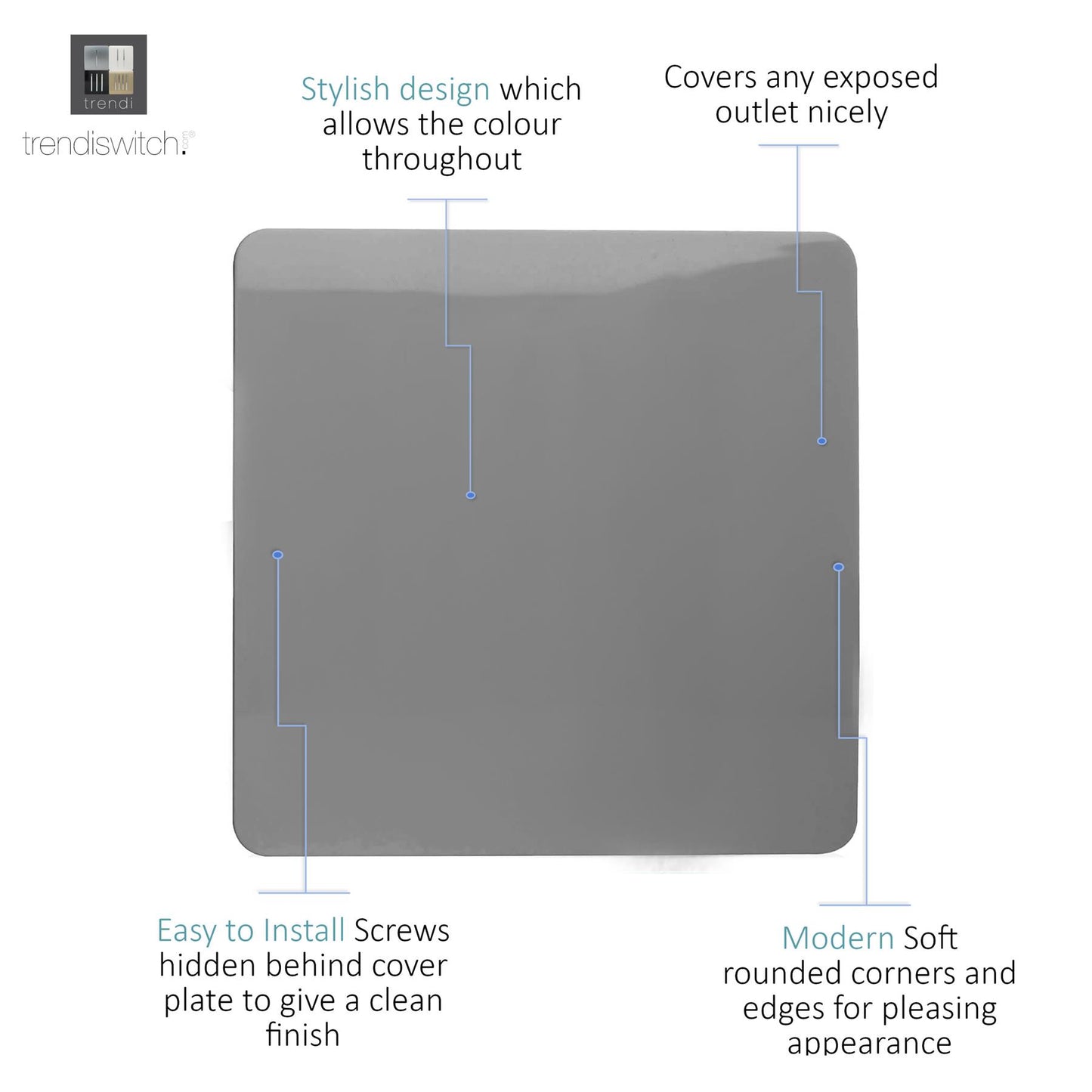 Trendi Switch Artistic Modern Glossy Decorative Screwless Standard Single Wall Blanking Plate for Electrical Sockets, Outlet with Screws in Light Grey - ART-BLKLG