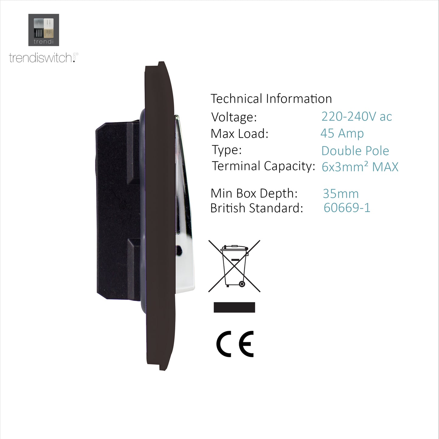 Trendi Artistic Modern Glossy 45 A Tactile Light Switch & Neon Insert Dark Brown