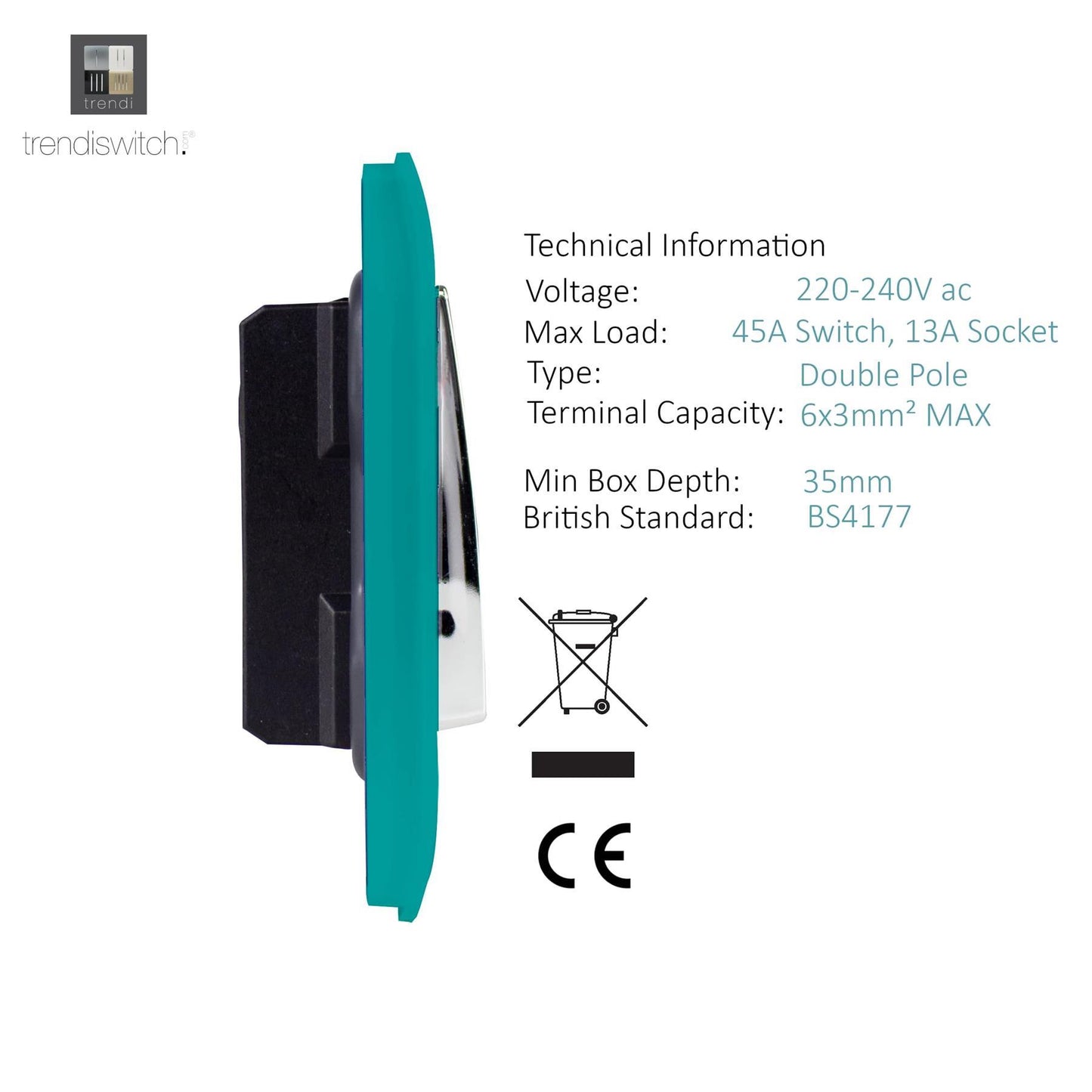 Trendi Artistic Modern Glossy 45 A Cooker Switch & Plug Socket Inc Neon Insert Bright Teal