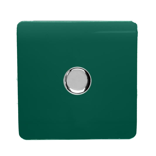 Trendi 1 Gang 2 Way 240V 150w LED Dimmer Screwless Raised Front Plate Plastic Artistic Modern Glossy 10 Amp Chrome Single Electrical Wall Light Switch in Dark Green - ART-LDMDG