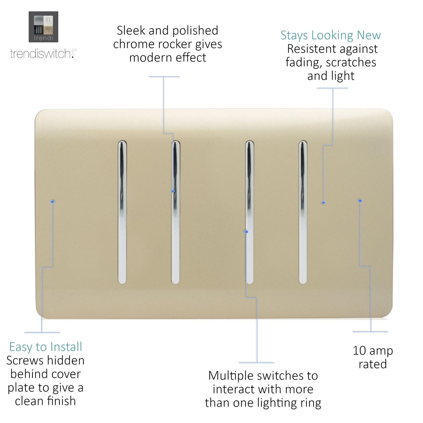 Trendi 4 Gang 2 way 240V Screwless Raised Front Twin Plate Plastic Artistic Modern Glossy 10 Amp Chrome Rocker Quad Electrical Wall Light Switch in Champagne Gold - ART-SS44GO