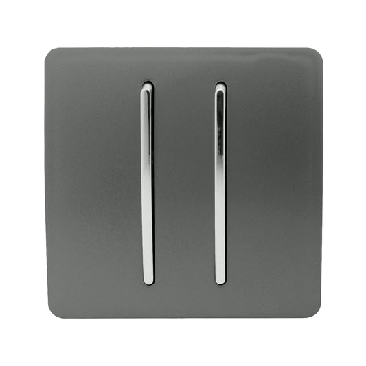 Trendi 2 Gang 3 way (Intermediate) 240V Screwless Raised Front Plate Plastic Artistic Modern Glossy 10 Amp Chrome Rocker Double Electrical Wall Light Switch in Charcoal Grey