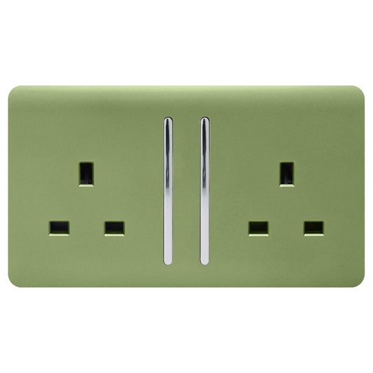 Trendi 2 Gang Artistic Modern Glossy 13 Amp Switched Tactile Plug Socket Moss Green