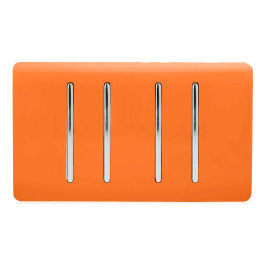 Trendi 4 Gang 2 way 240V Screwless Raised Front Twin Plate Plastic Artistic Modern Glossy 10 Amp Chrome Rocker Quad Electrical Wall Light Switch in Sunset Orange- ART-SS44OR