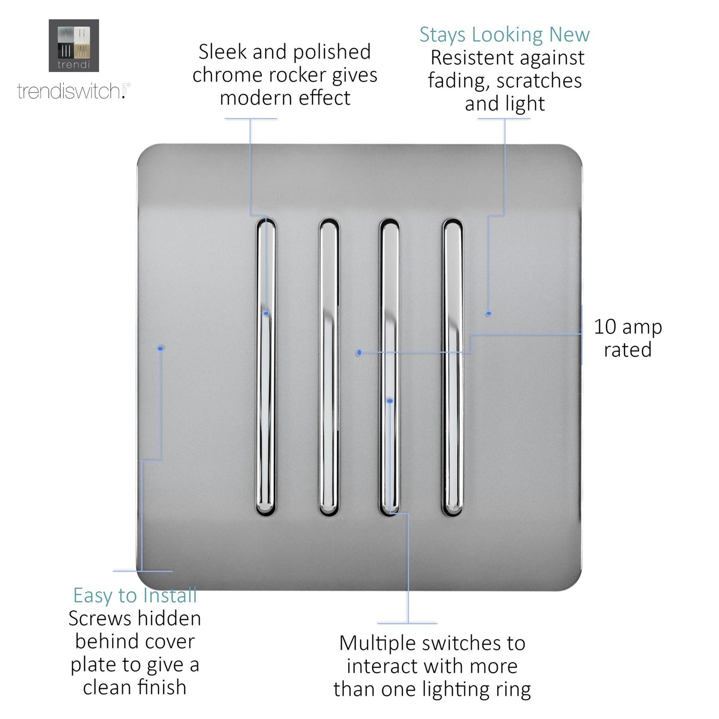 Trendi 4 Gang 2 Way Artistic Modern Glossy 10 Amp Rocker Tactile Light Switch Stainless Steel