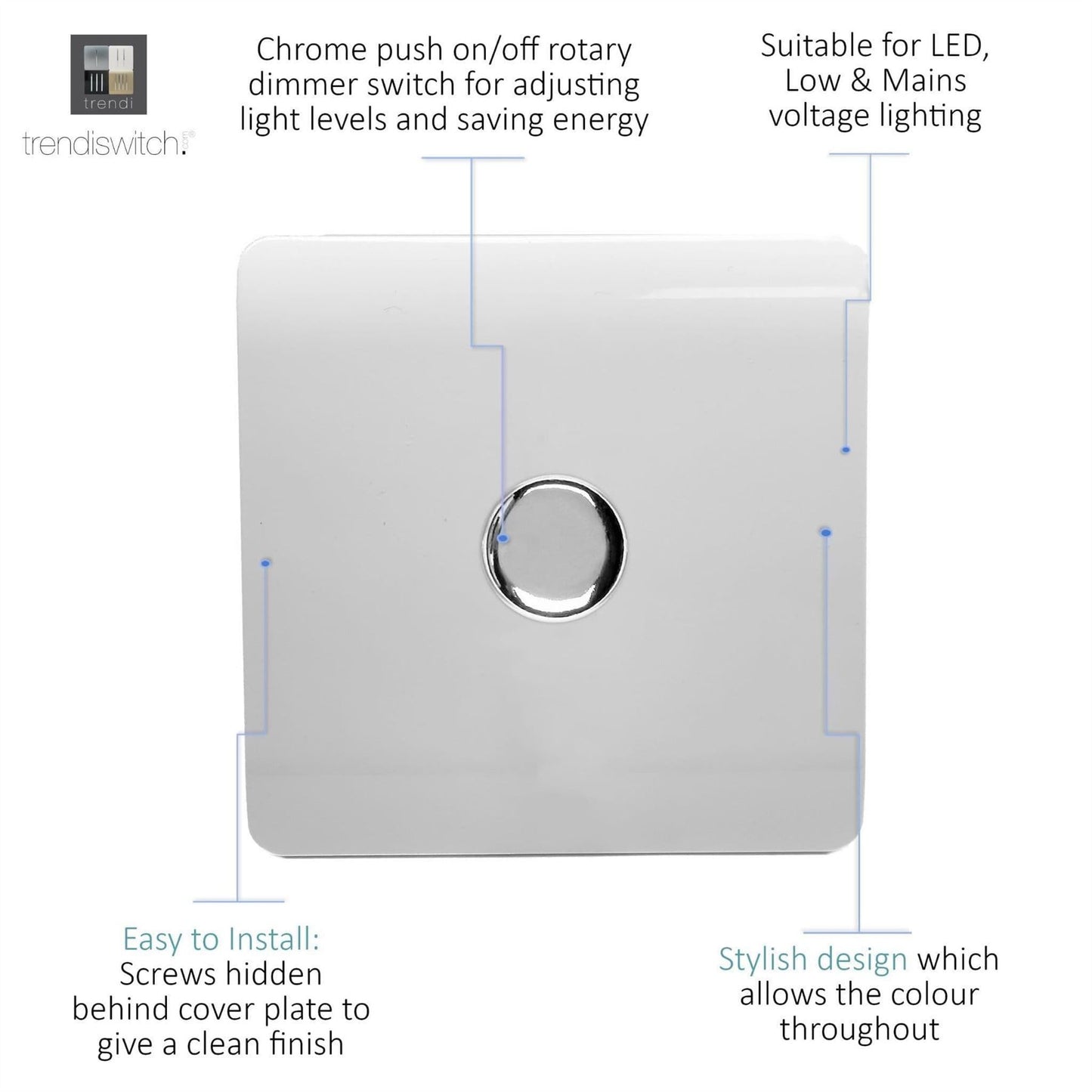 Trendi 1 Gang 2 Way 240V 100w LED Dimmer Screwless Raised Front Plate Plastic Artistic Modern Glossy 10 Amp Chrome Single Electrical Wall Light Switch in Ice White - ART-LDMWH