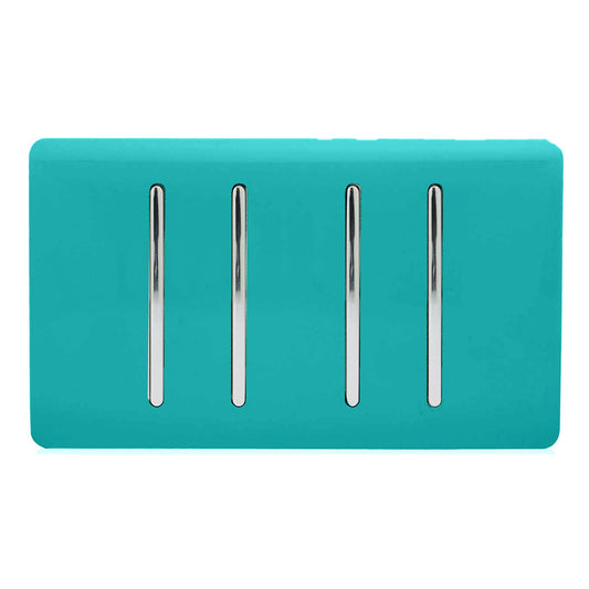 Trendi 4 Gang 2 way 240V Screwless Raised Front Twin Plate Plastic Artistic Modern Glossy 10 Amp Chrome Rocker Quad Electrical Wall Light Switch in Bright Teal - ART-SS44BT