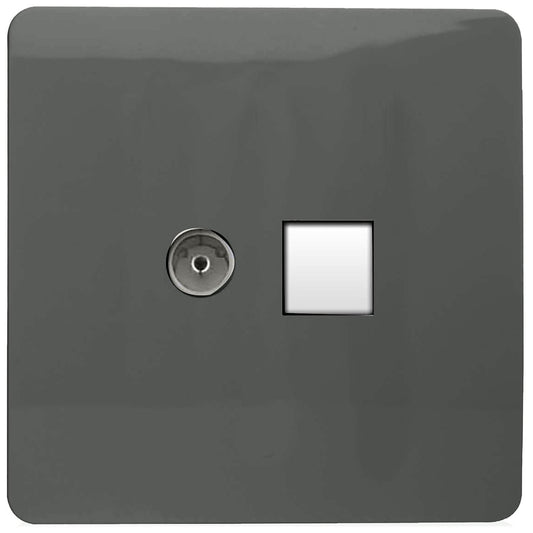 Trendi Modern Glossy Tactile TV Co-axial Socket+RJ45 Cat 5e&Cat 6 PC Ethernet Socket Charcoal